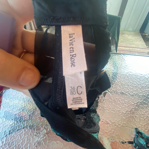 La Vie En Rose Lingerie Set Teal Black Lace Sheer Sexy Forest Green Goth 36C - Picture 9 of 12